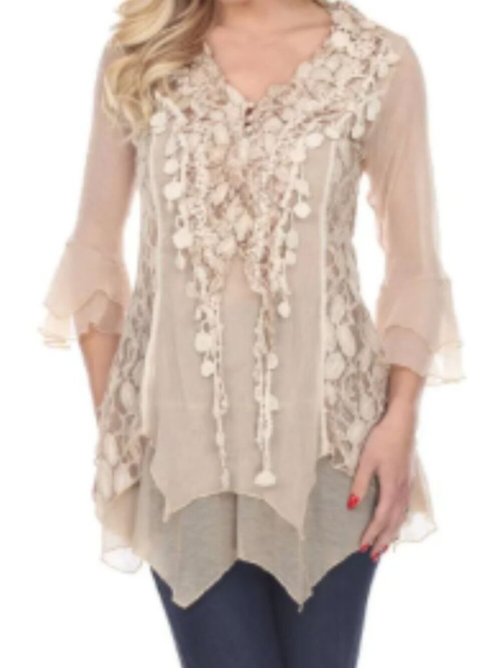 Tunic Blouse Lg Tan Silk Lace Crochet Bell Sleeve Top Victorian Coquette Fairy